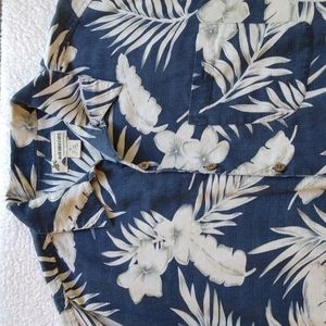 Havana Cafe XL Silk/Linen Cream & Blue Aloha Shirt